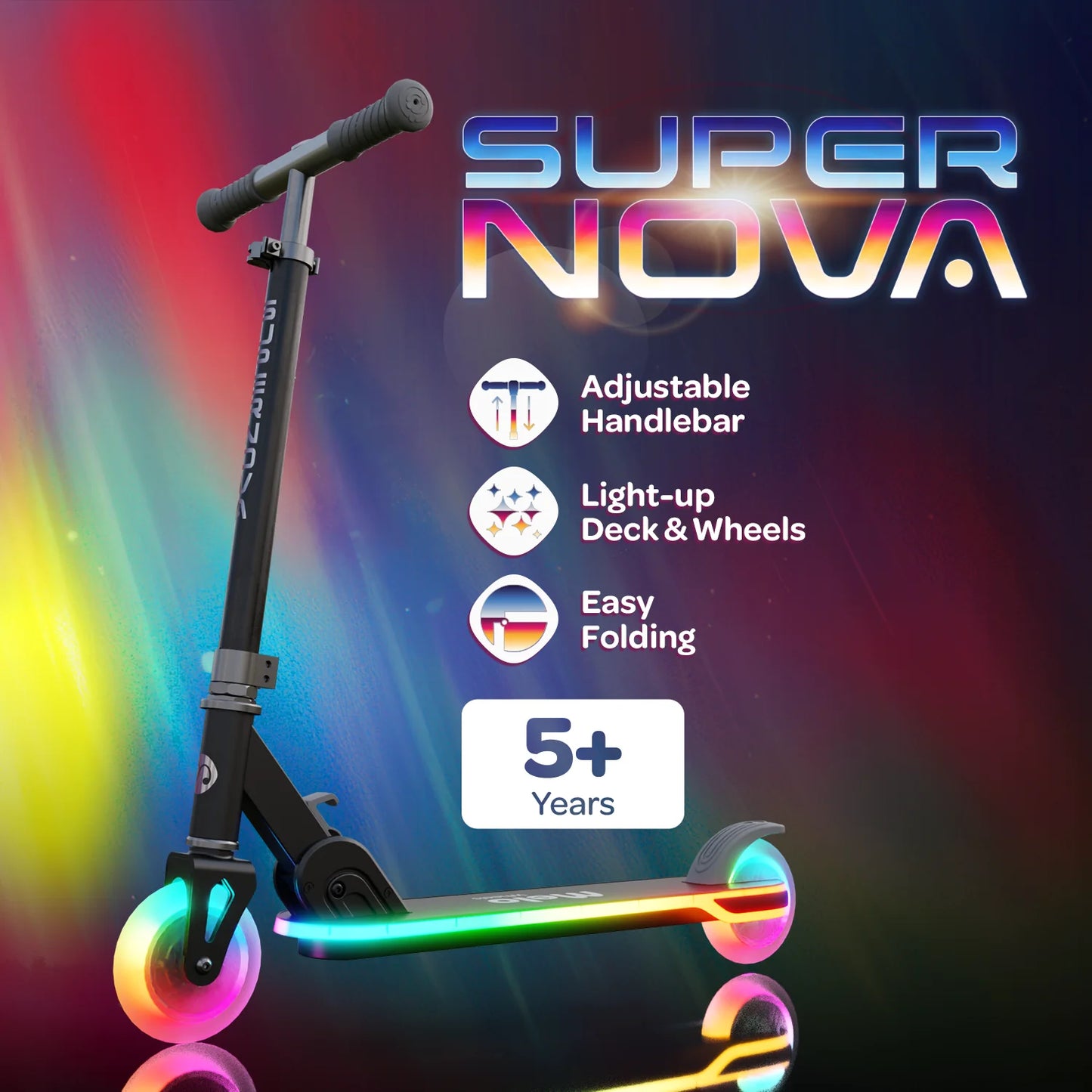 Supernova Kids Light-Up Scooter | Aluminium Frame, Adjustable Handlebar, Foldable | Ages 5+, Max 155 lbs