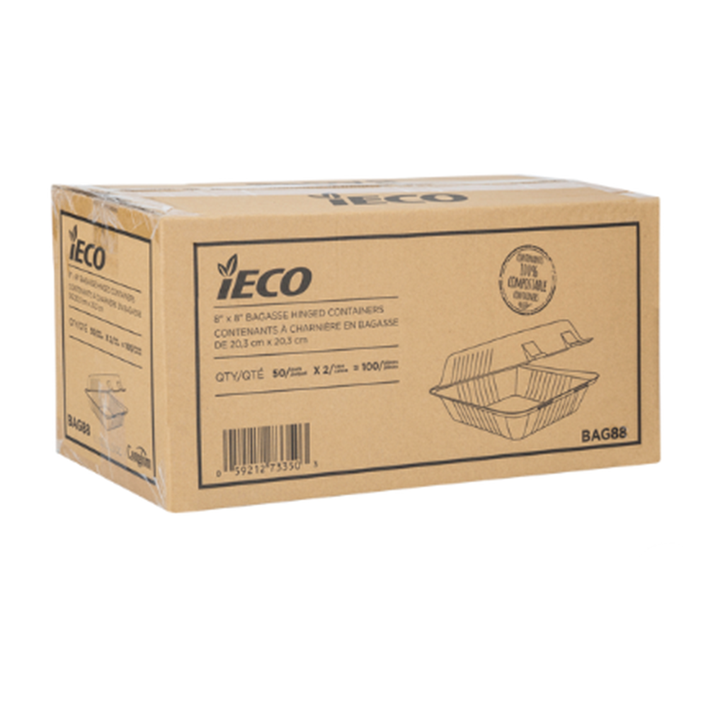 iEco Hinged Bagasse Container 8" × 8" White - Pack of 100