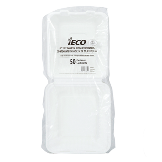 iEco Hinged Bagasse Container 8" × 8" White - Pack of 100