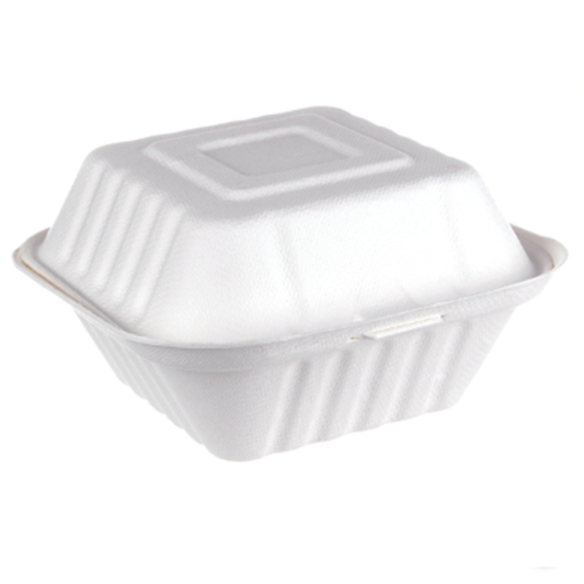 iEco Hinged Bagasse Container 6" × 6" White - Pack of 250