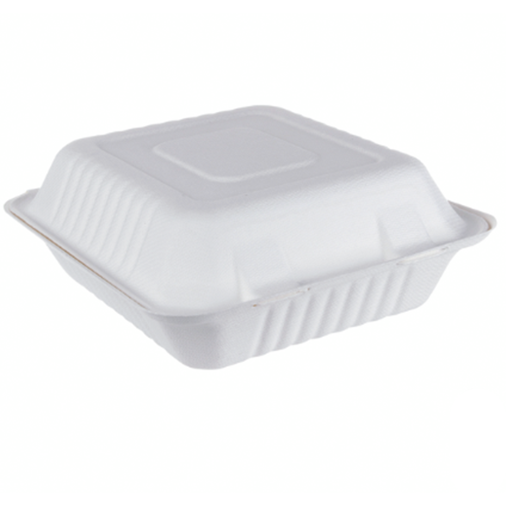 iEco Hinged Bagasse Container 8" × 8" White - Pack of 100