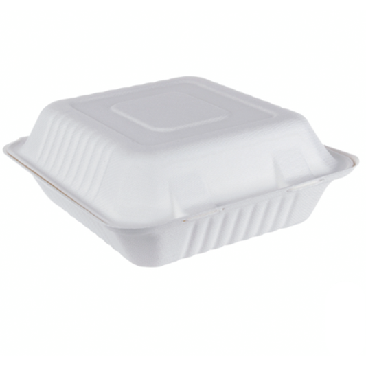 iEco Hinged Bagasse Container 8" × 8" White - Pack of 100