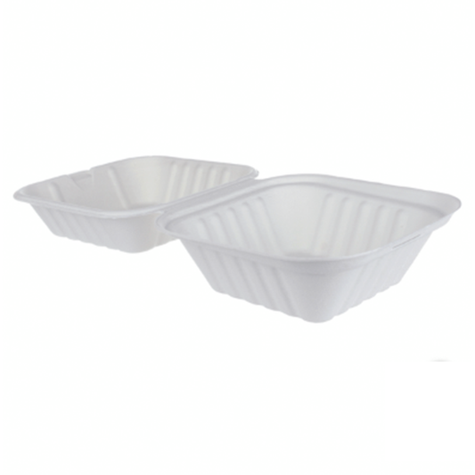 iEco Hinged Bagasse Container 6" × 6" White - Pack of 250