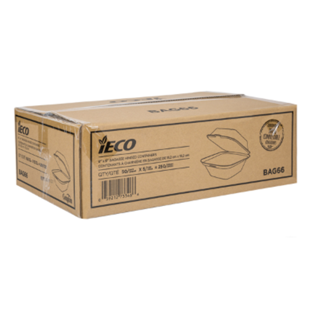 iEco Hinged Bagasse Container 6" × 6" White - Pack of 250