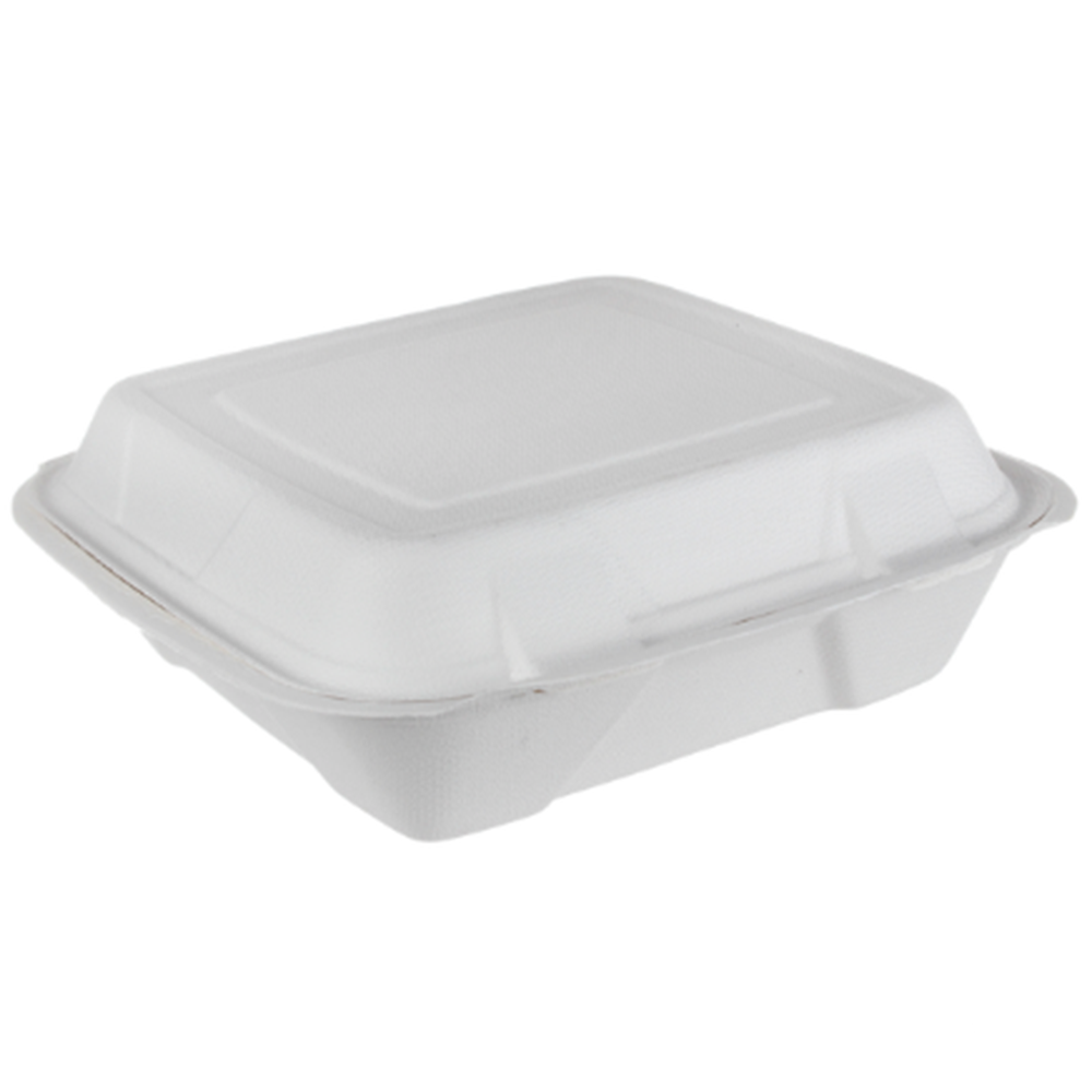 ECO Hinged Bagasse Containers 9" × 9" White - Pack of 100