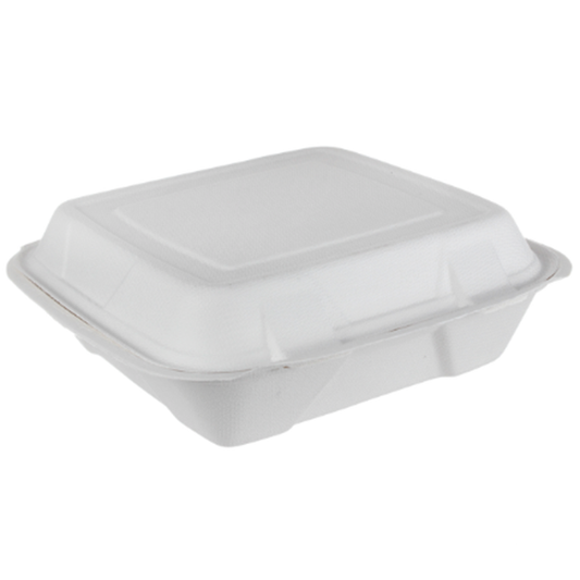 ECO Hinged Bagasse Containers 9" × 9" White - Pack of 100