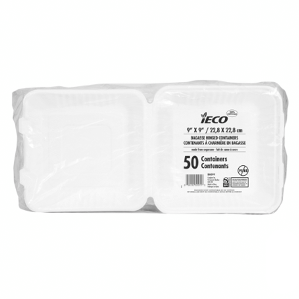 ECO Hinged Bagasse Containers 9" × 9" White - Pack of 100