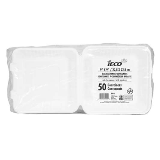 ECO Hinged Bagasse Containers 9" × 9" White - Pack of 100