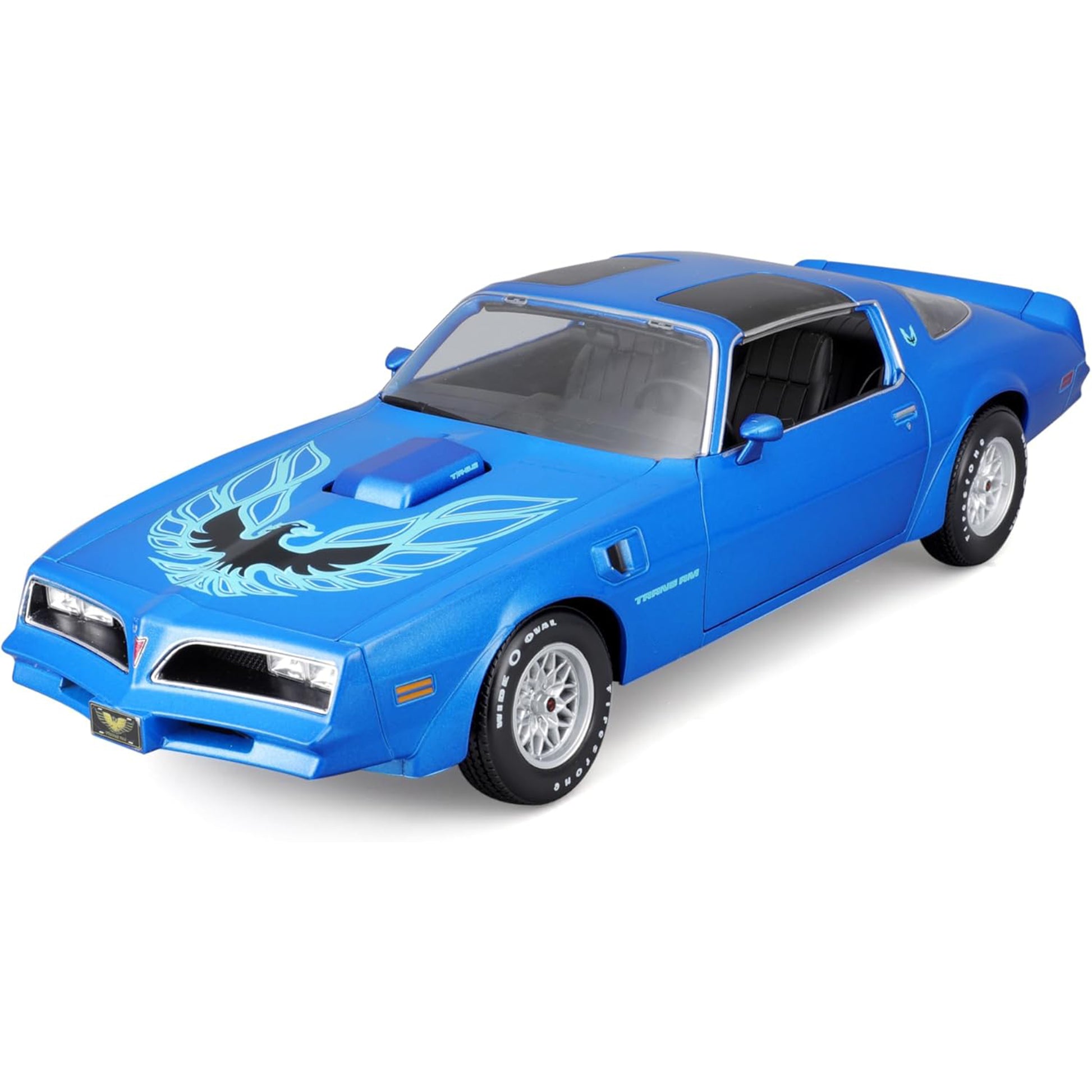 Blue model car with a flame design on a white background