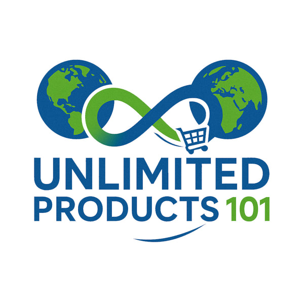 Logo for 'Unlimited Products 101' with Earth symbols and infinity loop on a white background