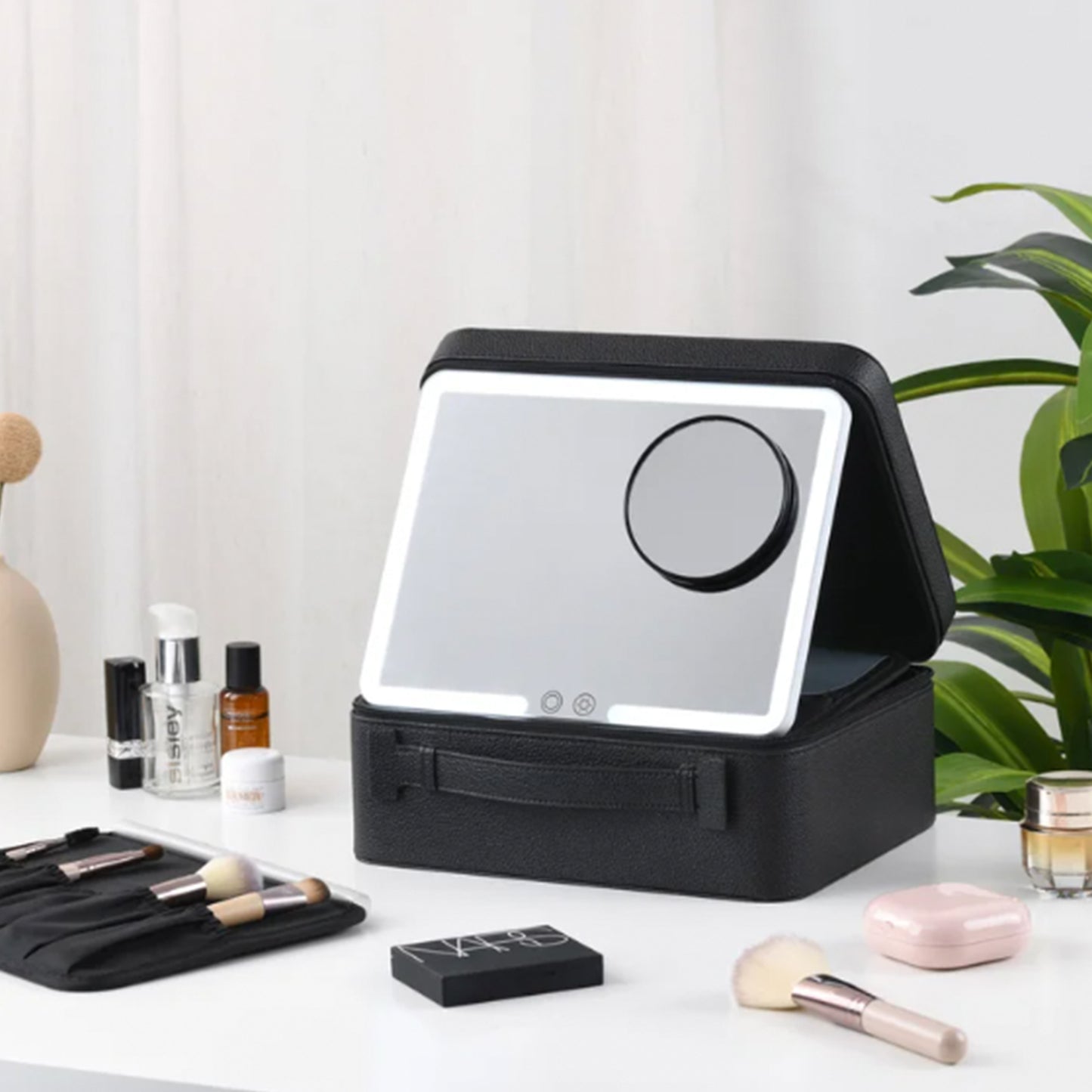 REMI Cordless Travel Makeup Case with Smart LED Mirror | Vegan Leather Organizer, 3-Color Dimming, 10X Mirror, USB-C, Black