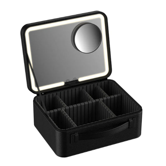 REMI Cordless Travel Makeup Case with Smart LED Mirror | Vegan Leather Organizer, 3-Color Dimming, 10X Mirror, USB-C, Black