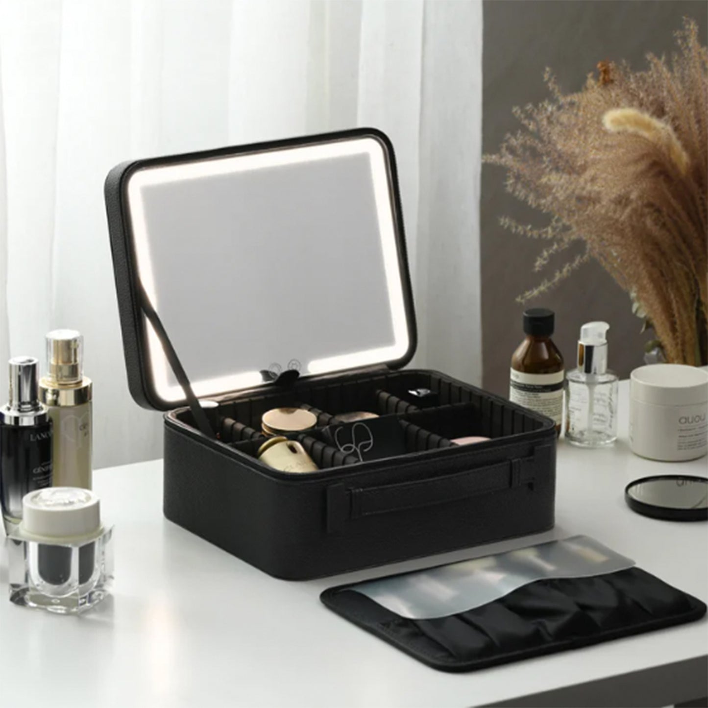 REMI Cordless Travel Makeup Case with Smart LED Mirror | Vegan Leather Organizer, 3-Color Dimming, 10X Mirror, USB-C, Black