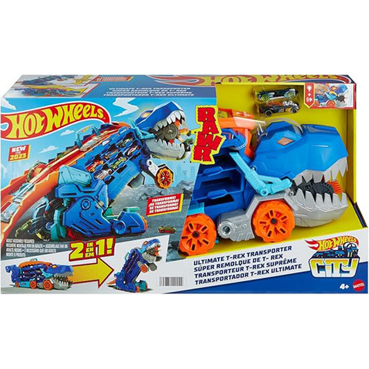 Hot Wheels T-Rex transporter toy set packaging on a white background