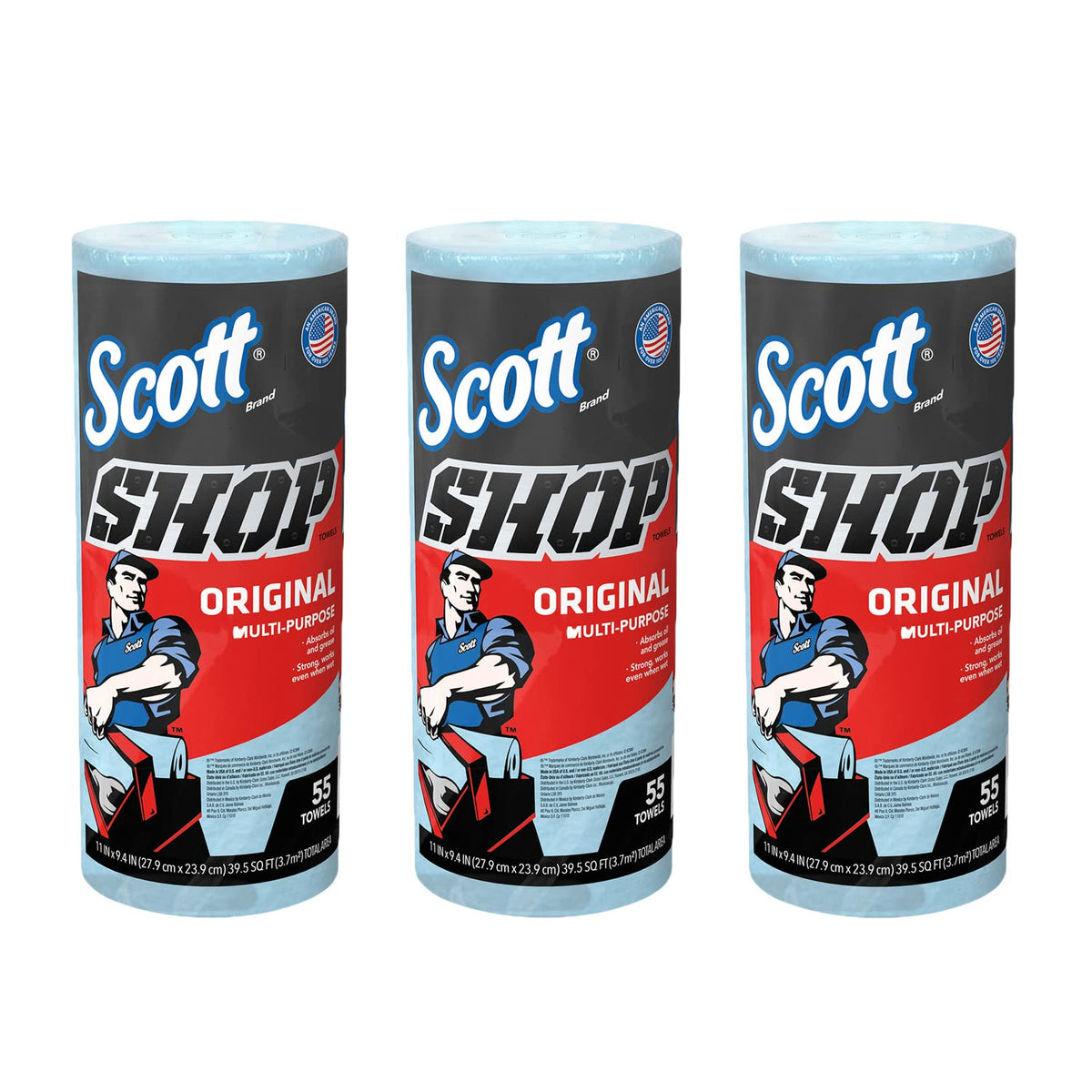 Scott (scott) Werkstatttücher/Werkstatttücher Blaue Rolle mit 55 Rollen, 3er-Set