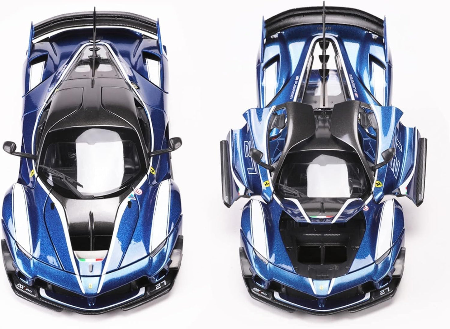 Two views of a blue and black sports car on a white background

