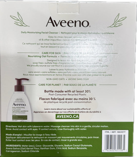 Aveeno Daily Moisturizing Face Wash – 2 × 354 mL | Gentle Gel Cleanser for Dry, Sensitive Skin with Non-GMO Oat, Fragrance-Free & Paraben-Free