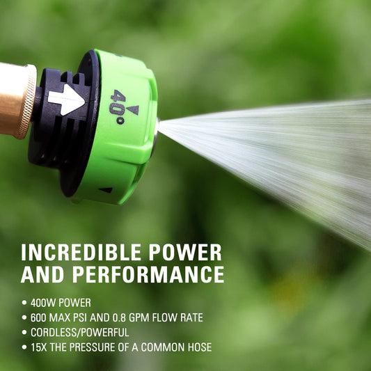 منظف ​​الطاقة اللاسلكي Greenworks بقوة 24 فولت وضغط 600 رطل لكل بوصة مربعة (0.8 جالون في الدقيقة) مع بطاريتين سعة 2 أمبير/ساعة، وشاحن، وقفاز غسيل، أخضر