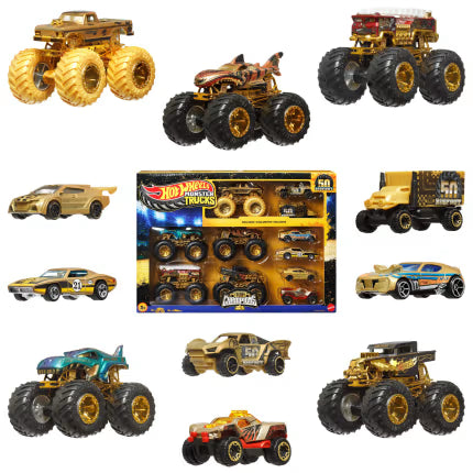 Hot Wheels Monster Trucks Bigfoot Trophy Champions 11-Pack – 5 Monster Trucks & 6 Die-Cast Cars, 50th Anniversary Gold Edition