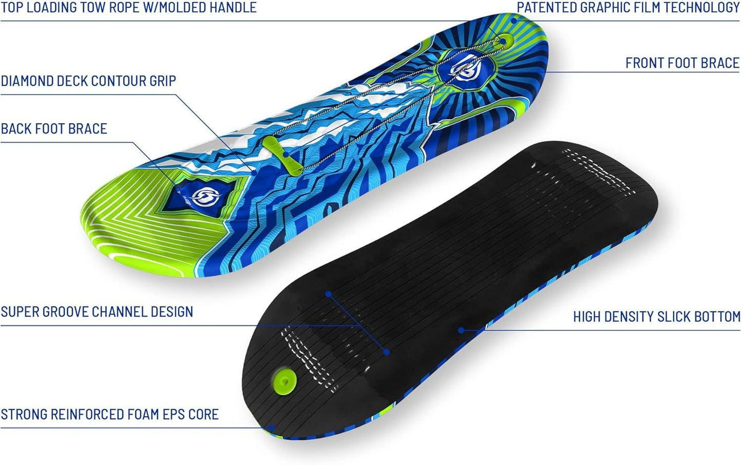 Sno-Storm Premium Foam Snowboard Sled 2-Pack | Tow Rope and Handle | Sized for Youth and Adults | Contoured Foot Deck Design | 48in-122cm Design Length