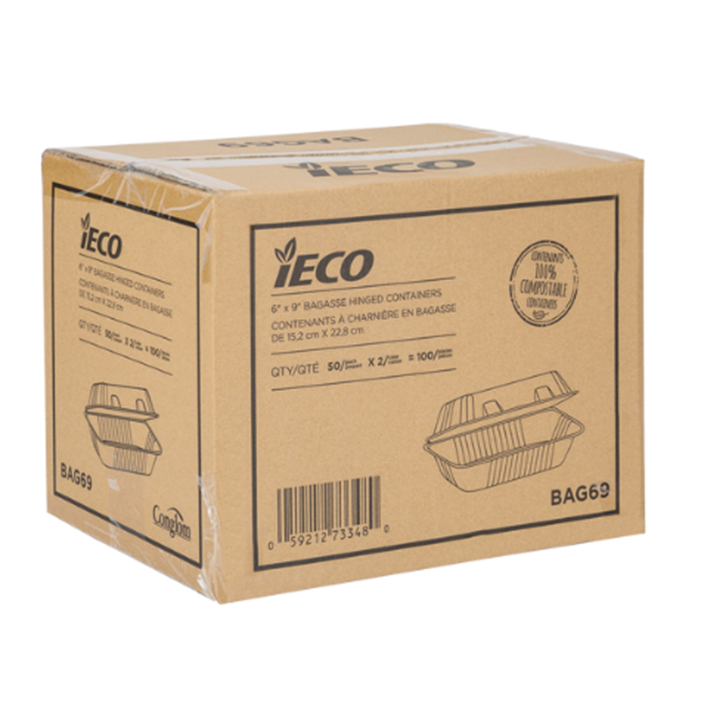 iEco Hinged Bagasse Containers 6x9 | 2 Packs of 50 | Compostable Takeout Clamshells | Eco-Friendly To-Go Boxes