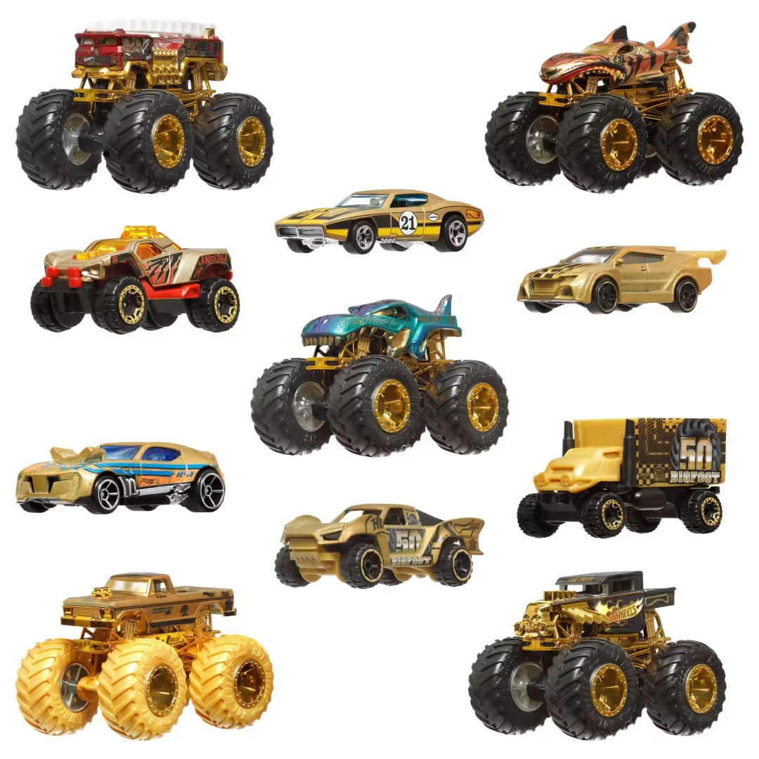Hot Wheels Monster Trucks Bigfoot Trophy Champions 11-Pack – 5 Monster Trucks & 6 Die-Cast Cars, 50th Anniversary Gold Edition