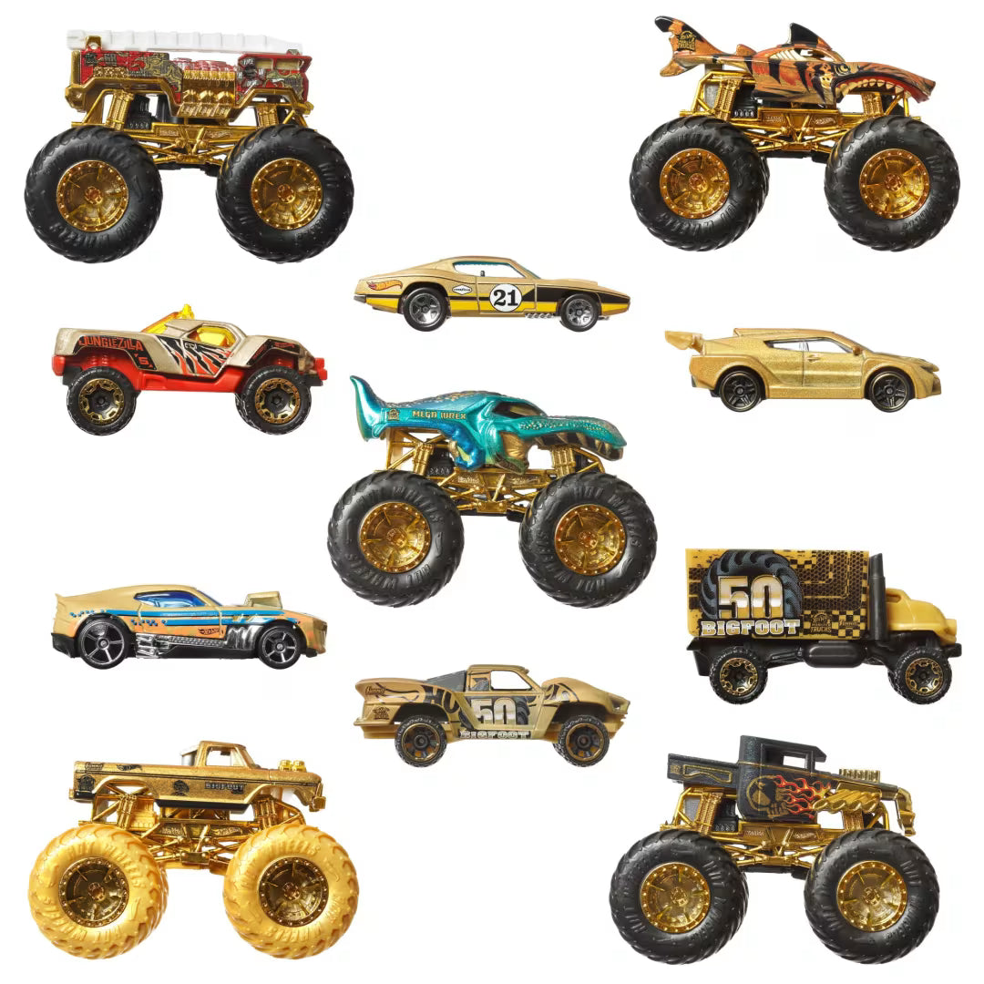 Hot Wheels Monster Trucks Bigfoot Trophy Champions 11-Pack – 5 Monster Trucks & 6 Die-Cast Cars, 50th Anniversary Gold Edition