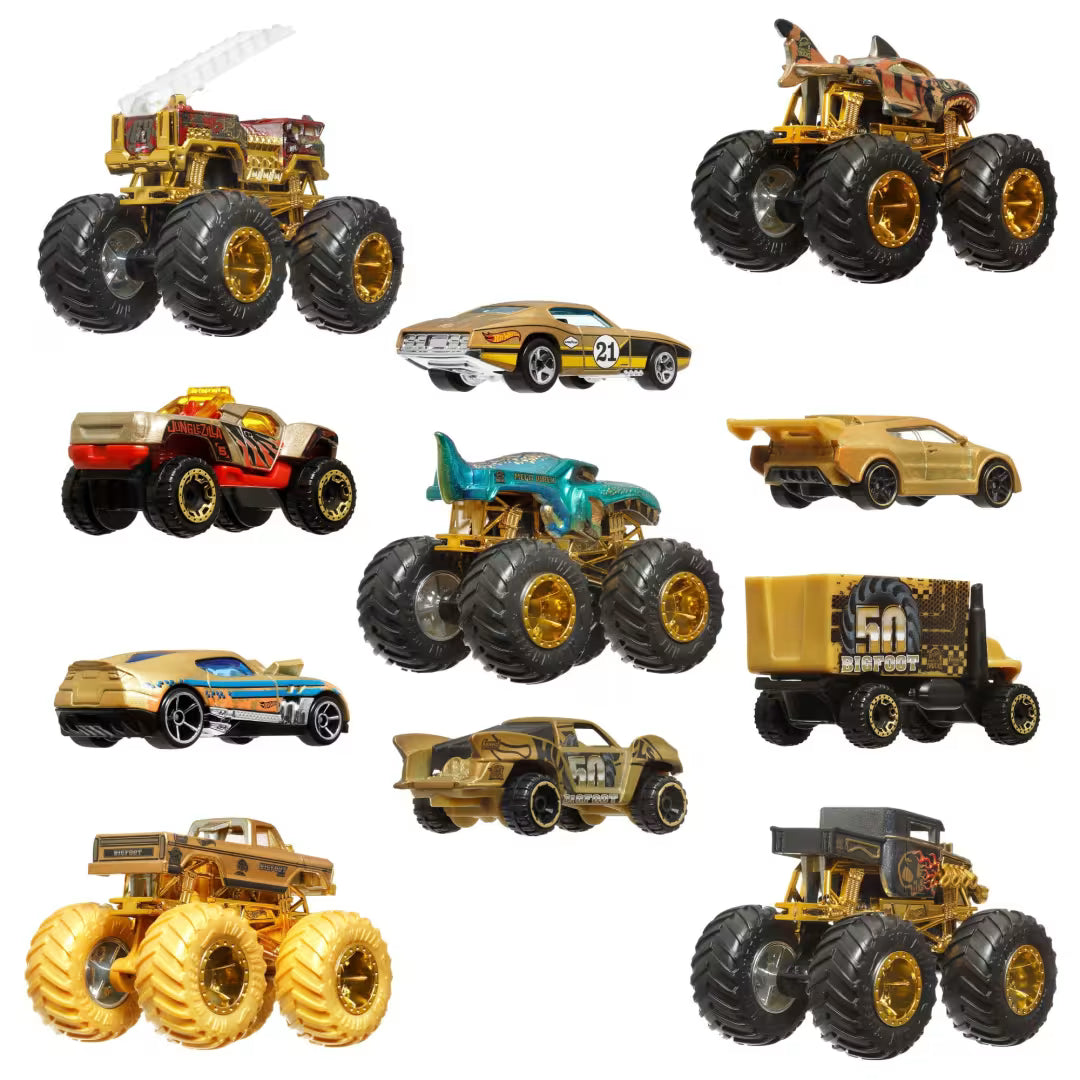 Hot Wheels Monster Trucks Bigfoot Trophy Champions 11-Pack – 5 Monster Trucks & 6 Die-Cast Cars, 50th Anniversary Gold Edition