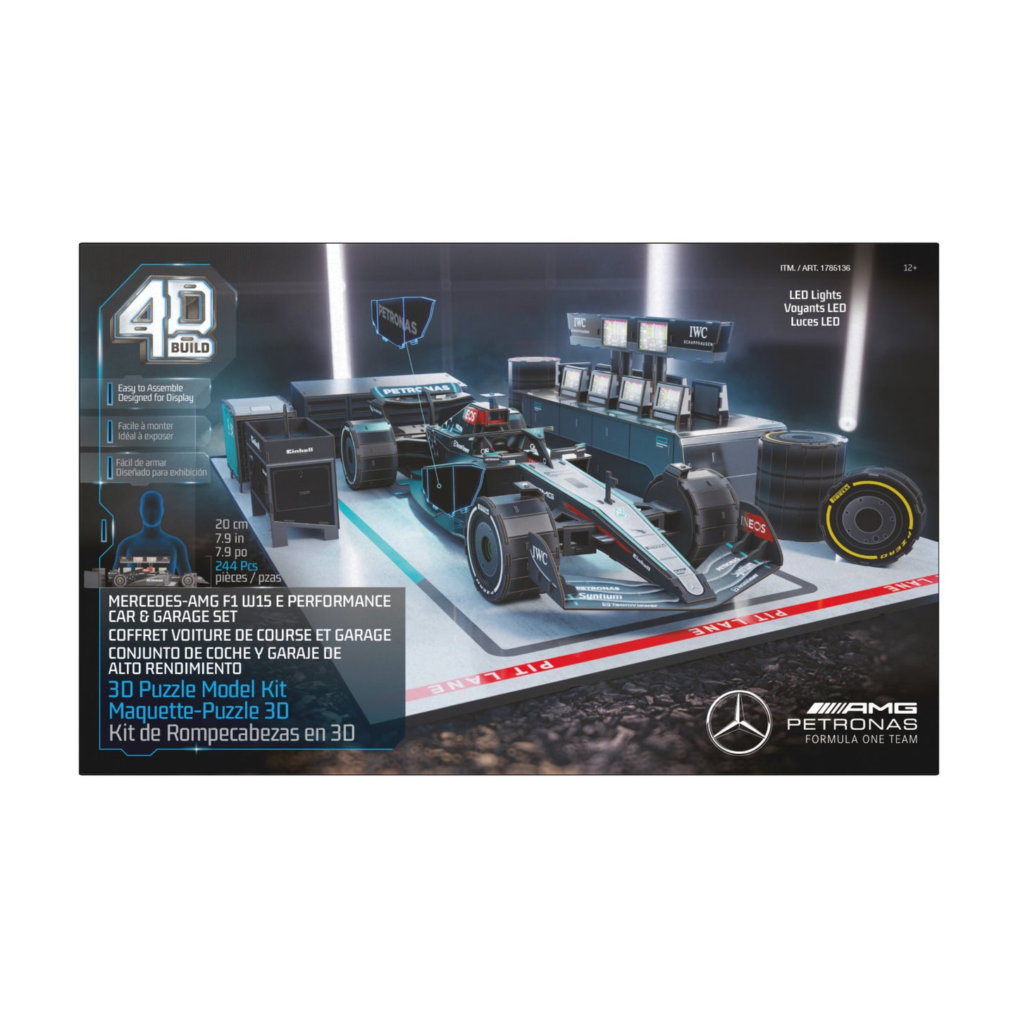 4D Build Mercedes W15 Garage Set 3D Puzzle Model Kit with LEDs – 253-Piece Formula 1 Building Set for Adults & Teens (Ages 12+)