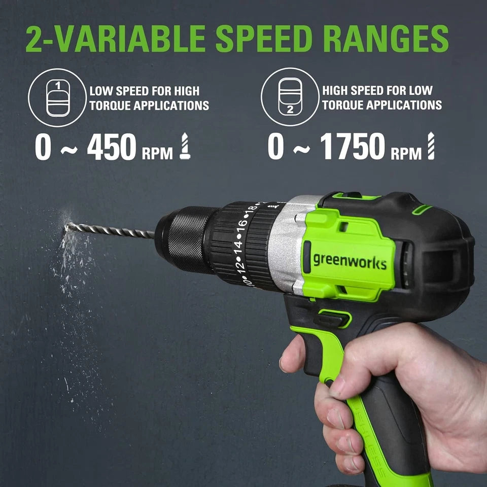 Greenworks Dual Volt Hammer Drill | 20-Position Chuck | Variable Speed | Tool Only (No Battery) | #3703102