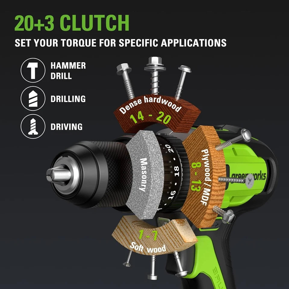Greenworks Dual Volt Hammer Drill | 20-Position Chuck | Variable Speed | Tool Only (No Battery) | #3703102